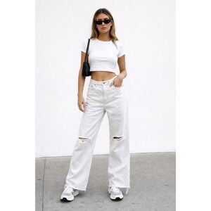 Lefties white Denim Women's 6/8 Wide Leg Raw Hem Distressed Jeans Y2K streetwear
